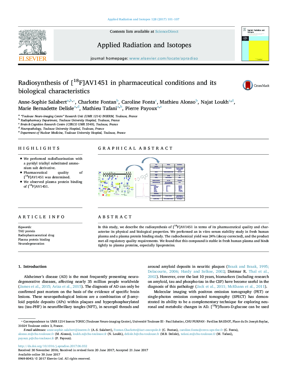 Radiosynthesis of [18F]AV1451 in pharmaceutical conditions and its biological characteristics