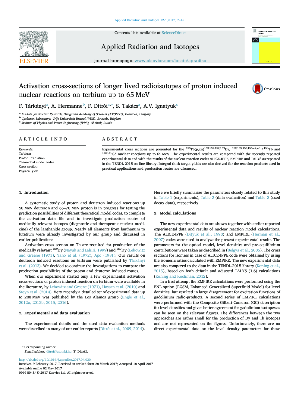 Activation cross-sections of longer lived radioisotopes of proton induced nuclear reactions on terbium up to 65Â MeV