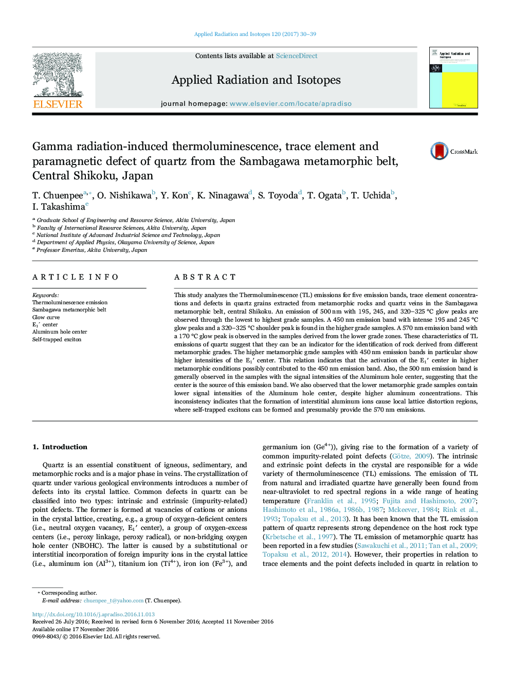 Gamma radiation-induced thermoluminescence, trace element and paramagnetic defect of quartz from the Sambagawa metamorphic belt, Central Shikoku, Japan