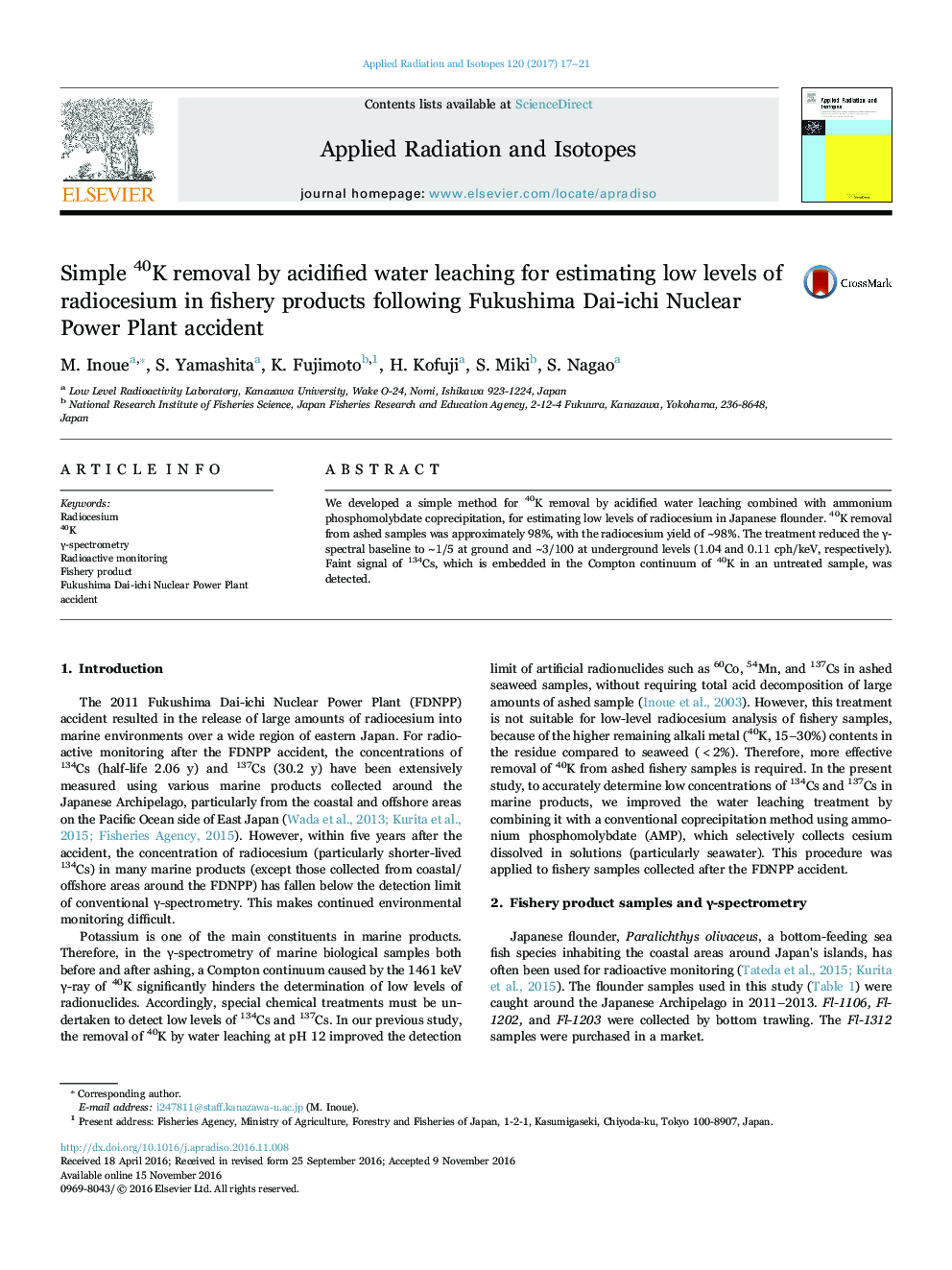 Simple 40K removal by acidified water leaching for estimating low levels of radiocesium in fishery products following Fukushima Dai-ichi Nuclear Power Plant accident