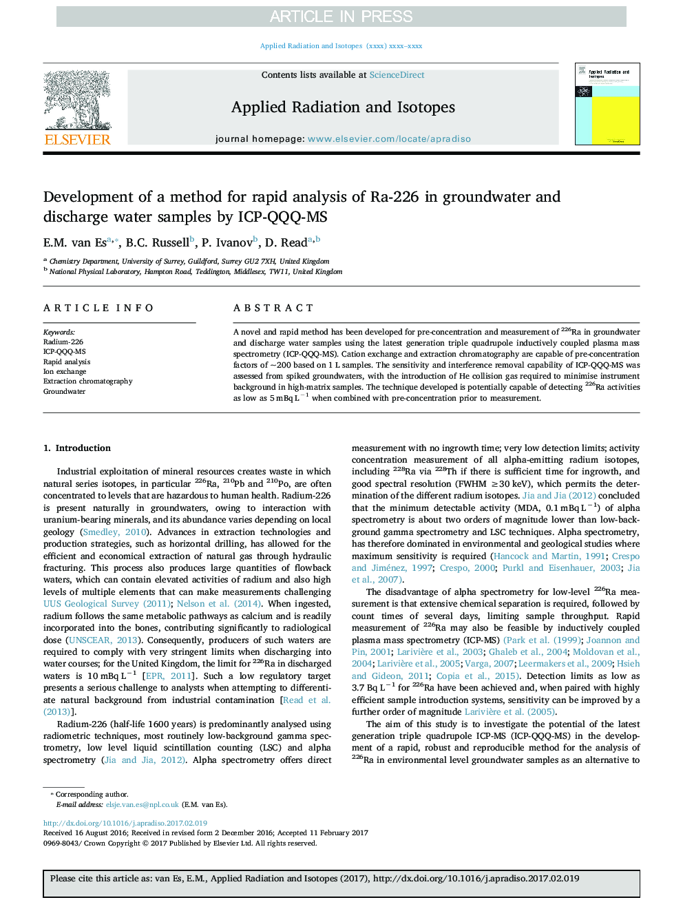 Development of a method for rapid analysis of Ra-226 in groundwater and discharge water samples by ICP-QQQ-MS