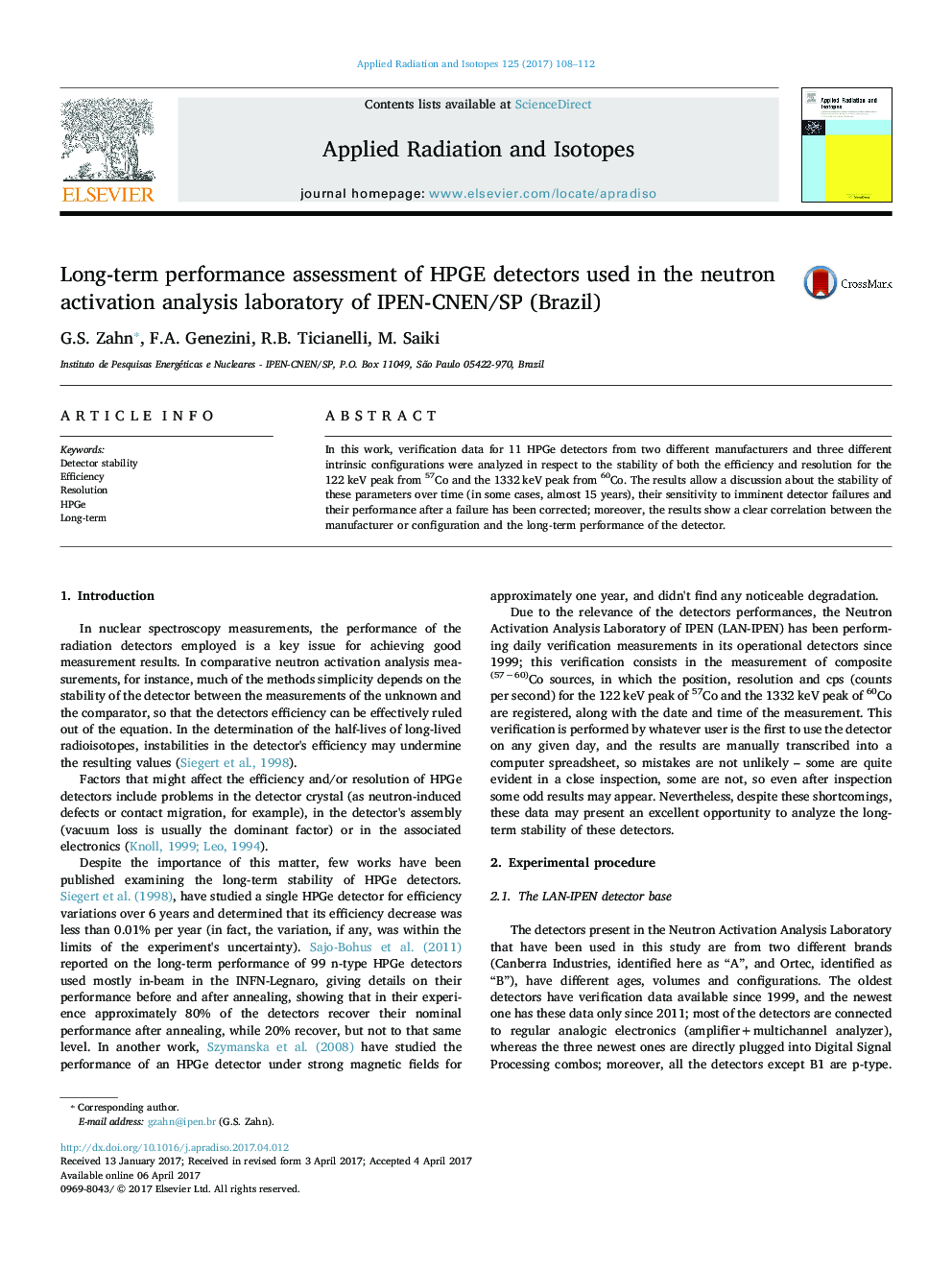 Long-term performance assessment of HPGE detectors used in the neutron activation analysis laboratory of IPEN-CNEN/SP (Brazil)