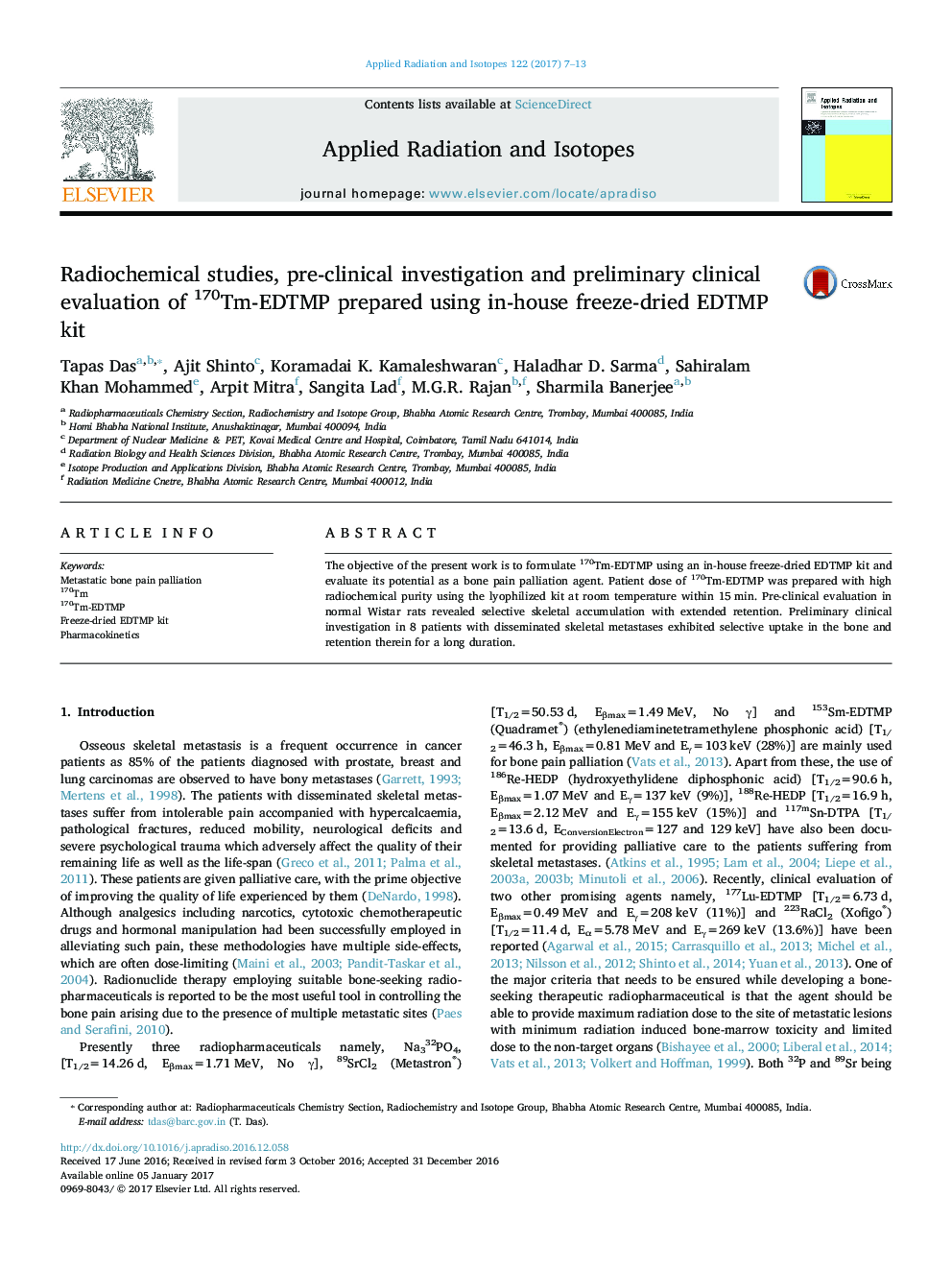 Radiochemical studies, pre-clinical investigation and preliminary clinical evaluation of 170Tm-EDTMP prepared using in-house freeze-dried EDTMP kit