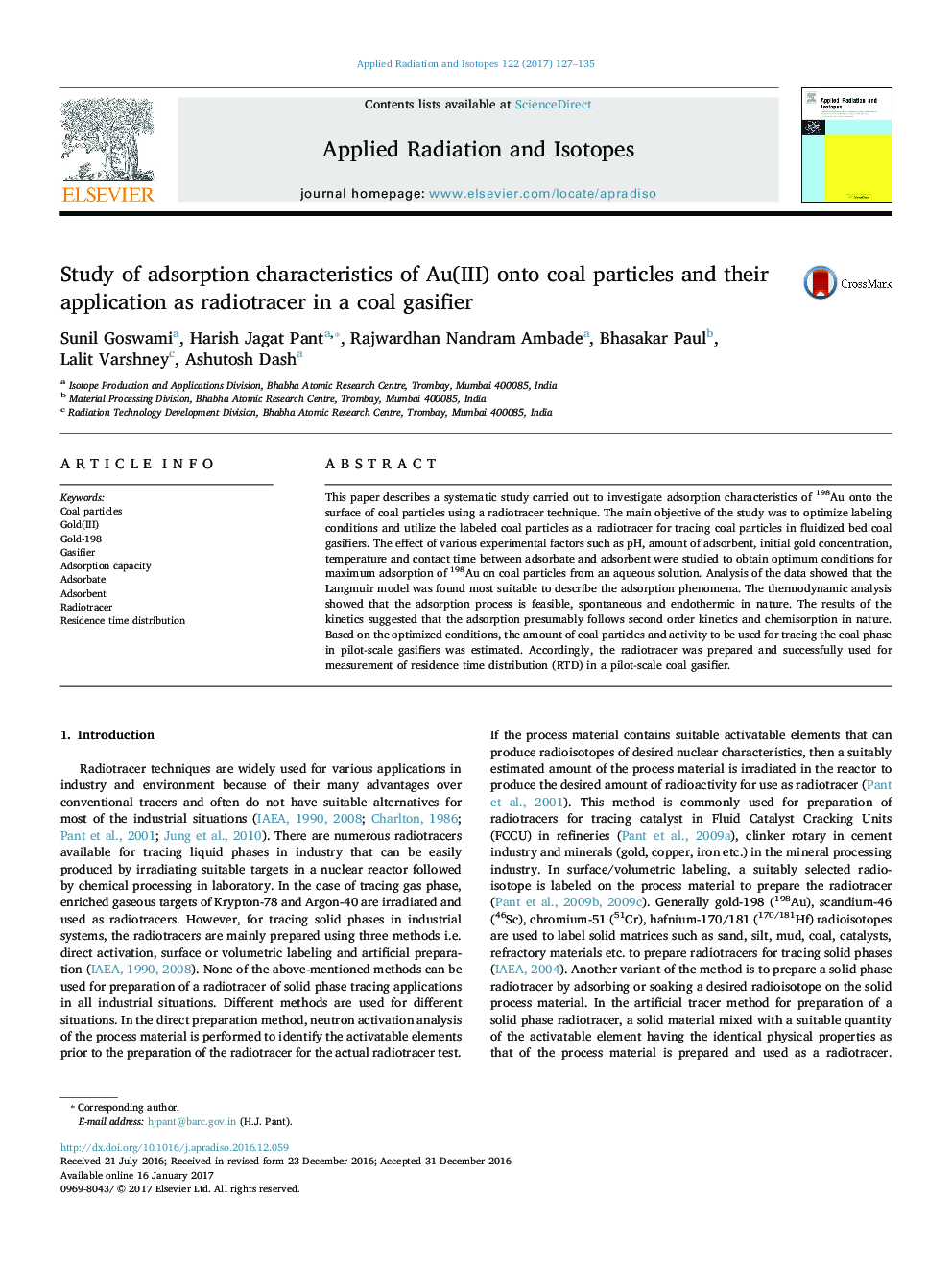 Study of adsorption characteristics of Au(III) onto coal particles and their application as radiotracer in a coal gasifier