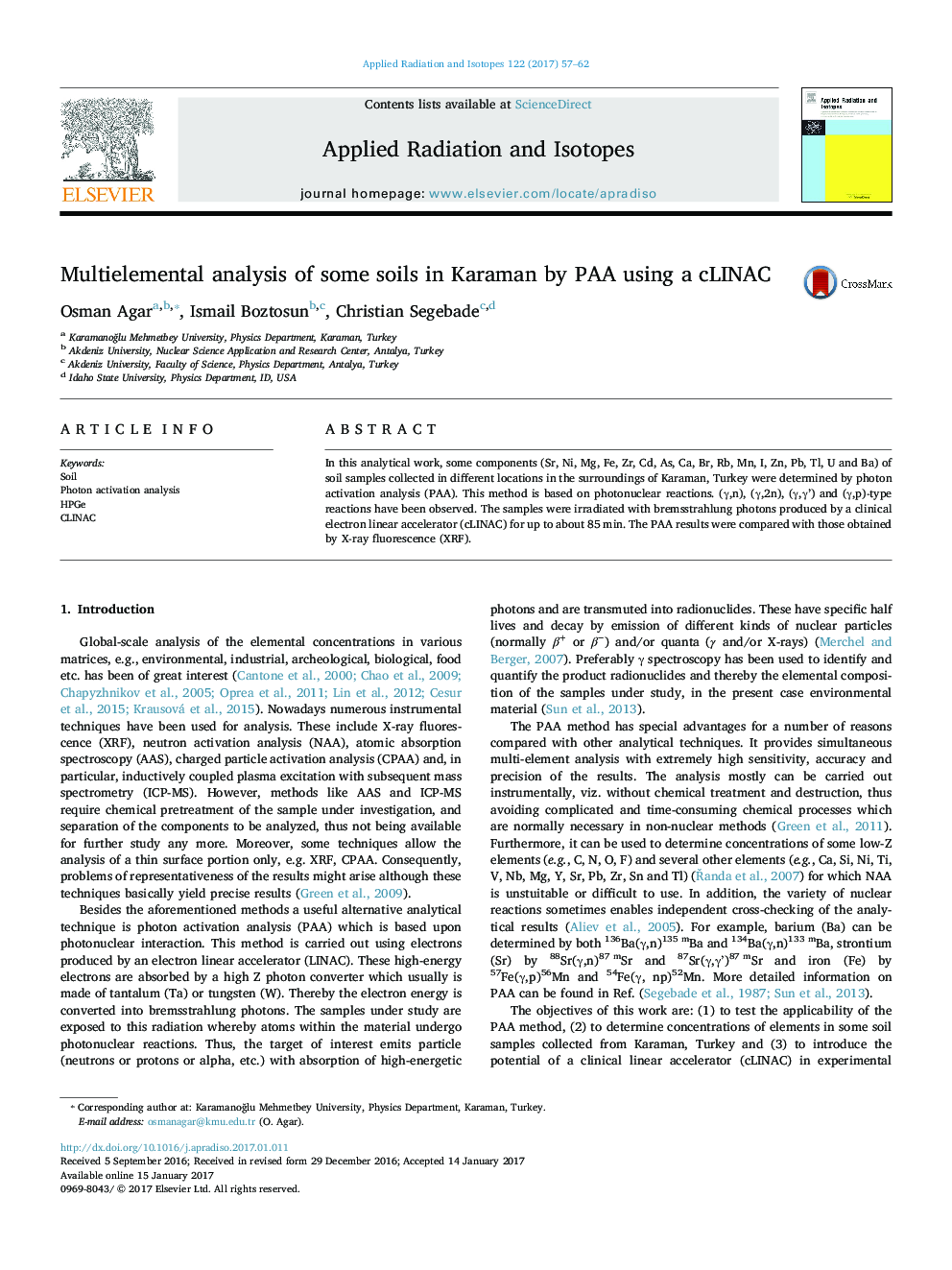 Multielemental analysis of some soils in Karaman by PAA using a cLINAC