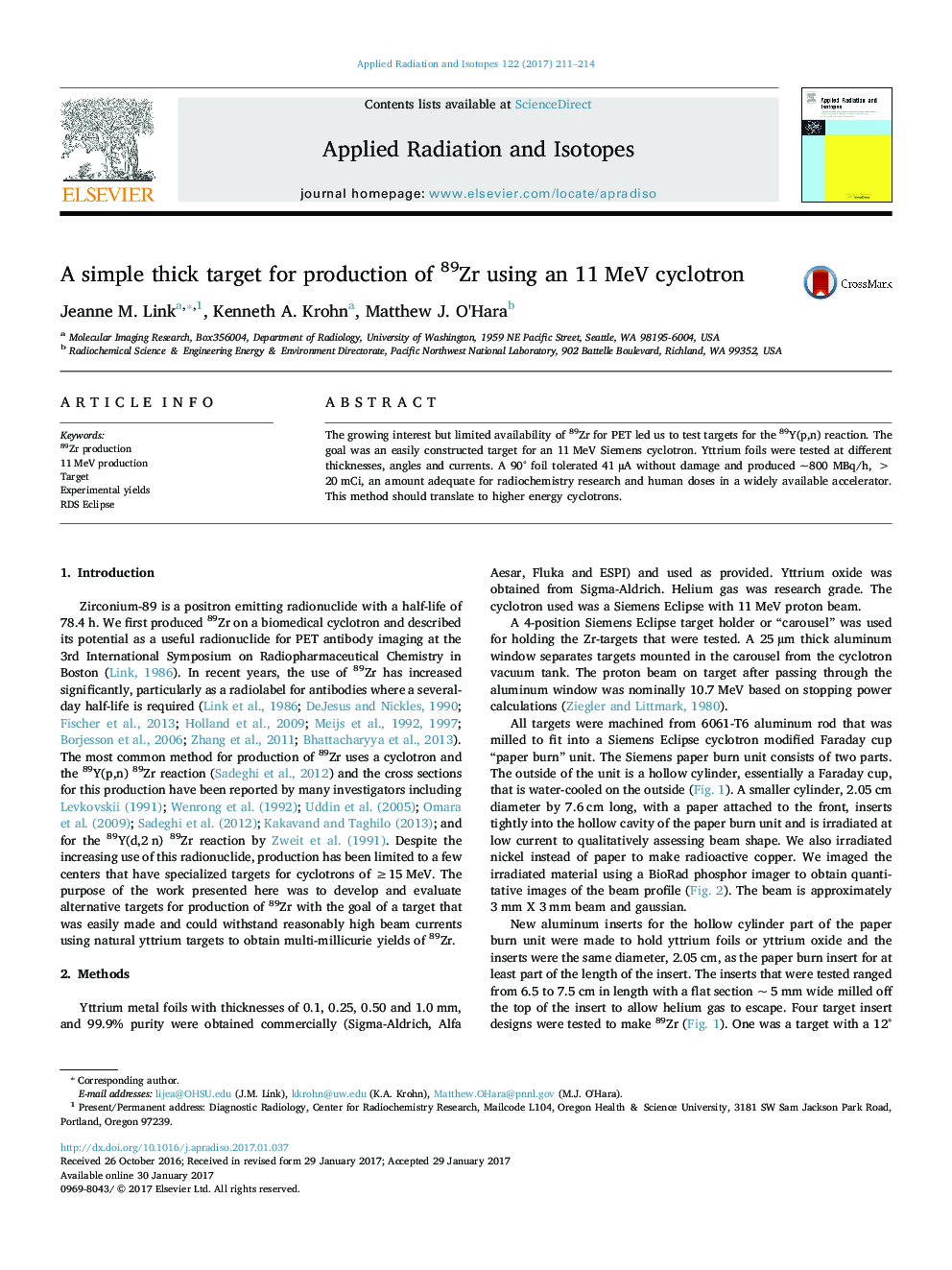 A simple thick target for production of 89Zr using an 11Â MeV cyclotron