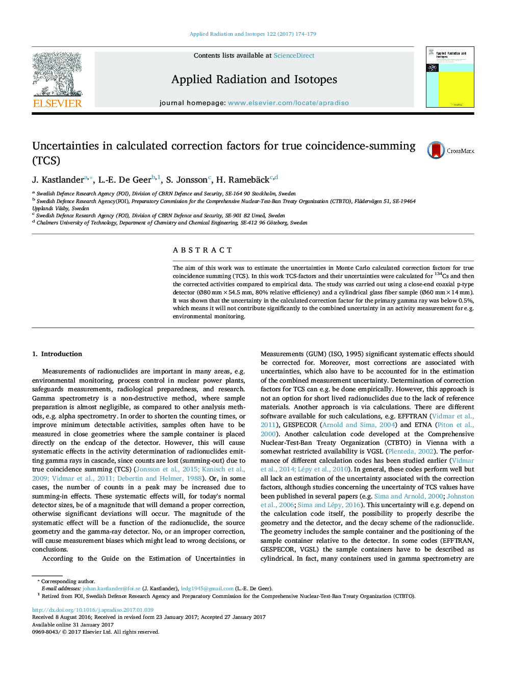 Uncertainties in calculated correction factors for true coincidence-summing (TCS)