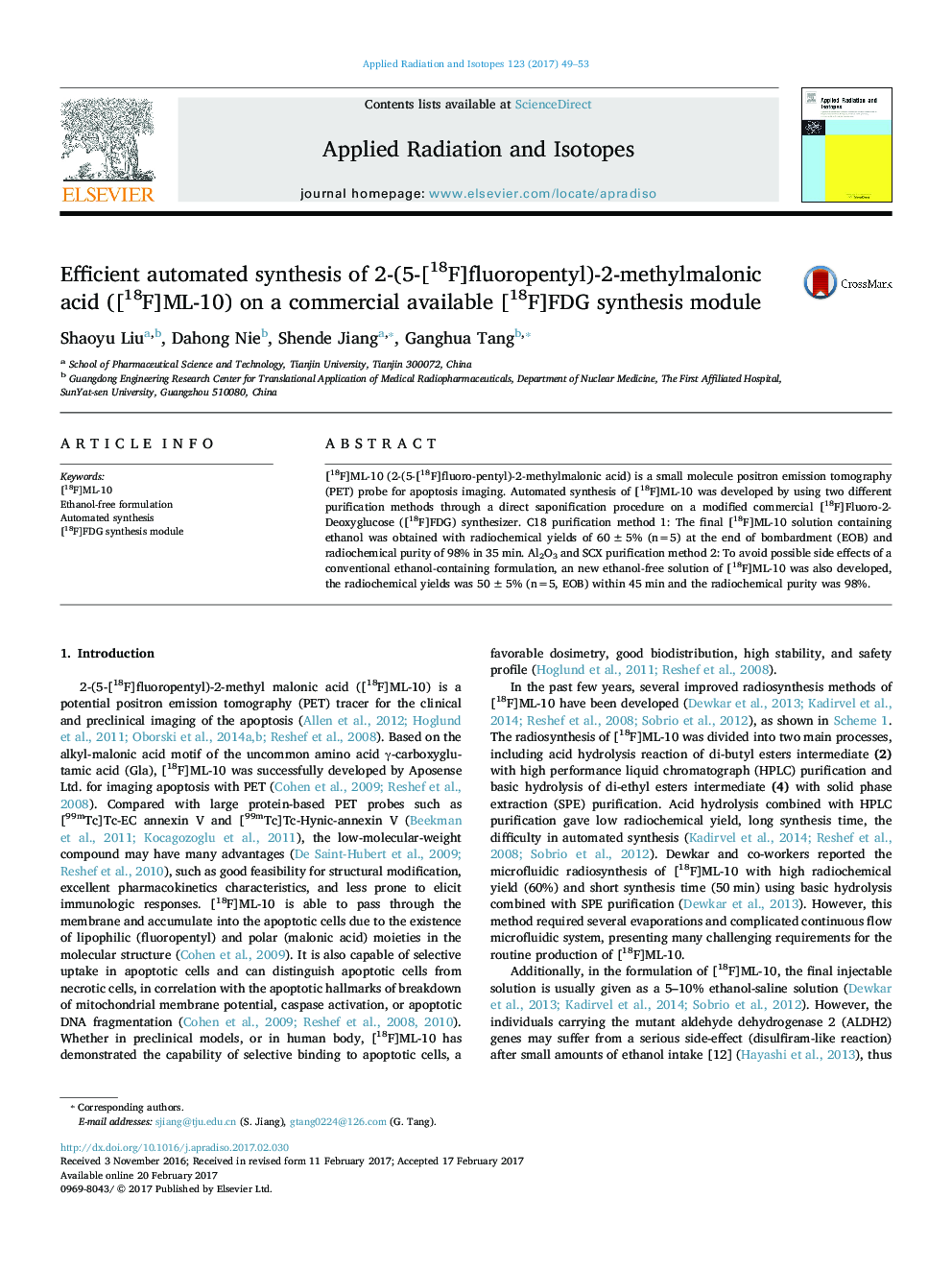 Efficient automated synthesis of 2-(5-[18F]fluoropentyl)-2-methylmalonic acid ([18F]ML-10) on a commercial available [18F]FDG synthesis module