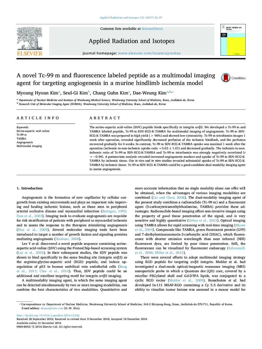 A novel Tc-99Â m and fluorescence labeled peptide as a multimodal imaging agent for targeting angiogenesis in a murine hindlimb ischemia model