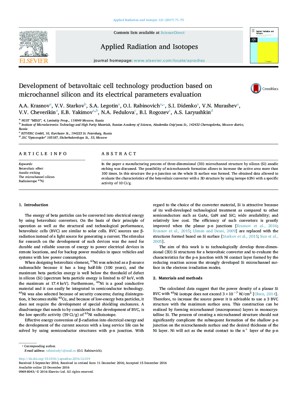 Development of betavoltaic cell technology production based on microchannel silicon and its electrical parameters evaluation