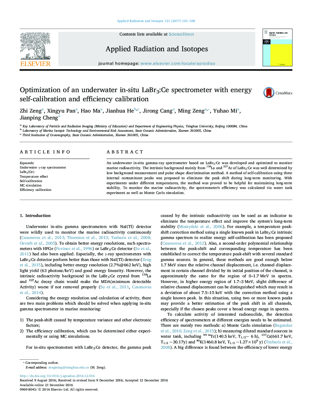 Optimization of an underwater in-situ LaBr3:Ce spectrometer with energy self-calibration and efficiency calibration