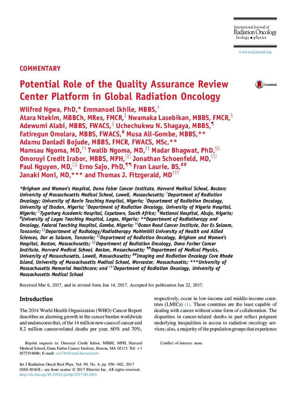 Potential Role of the Quality Assurance Review Center Platform in Global Radiation Oncology