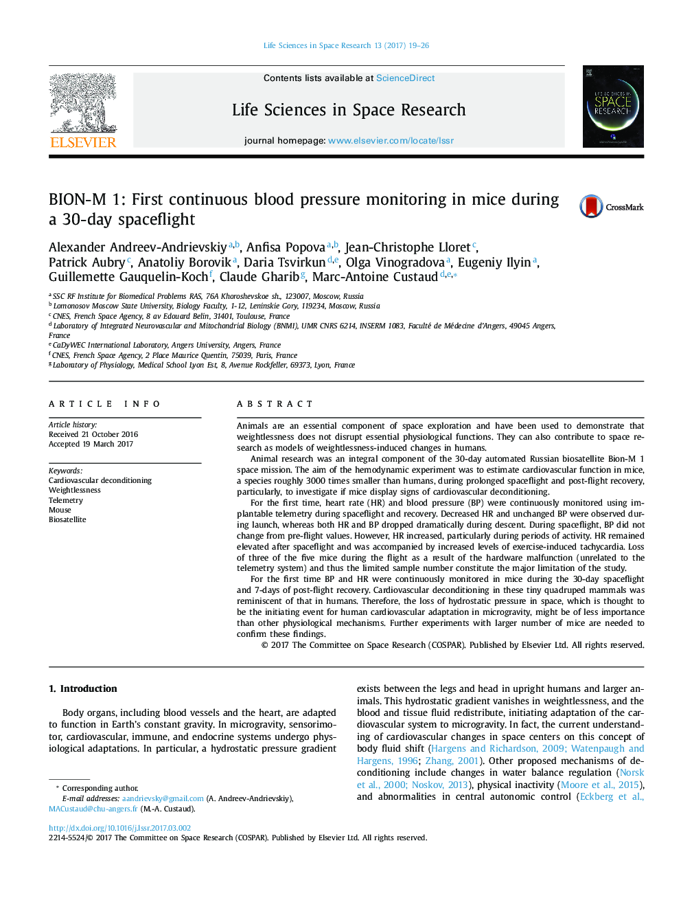 BION-M 1: First continuous blood pressure monitoring in mice during a 30-day spaceflight