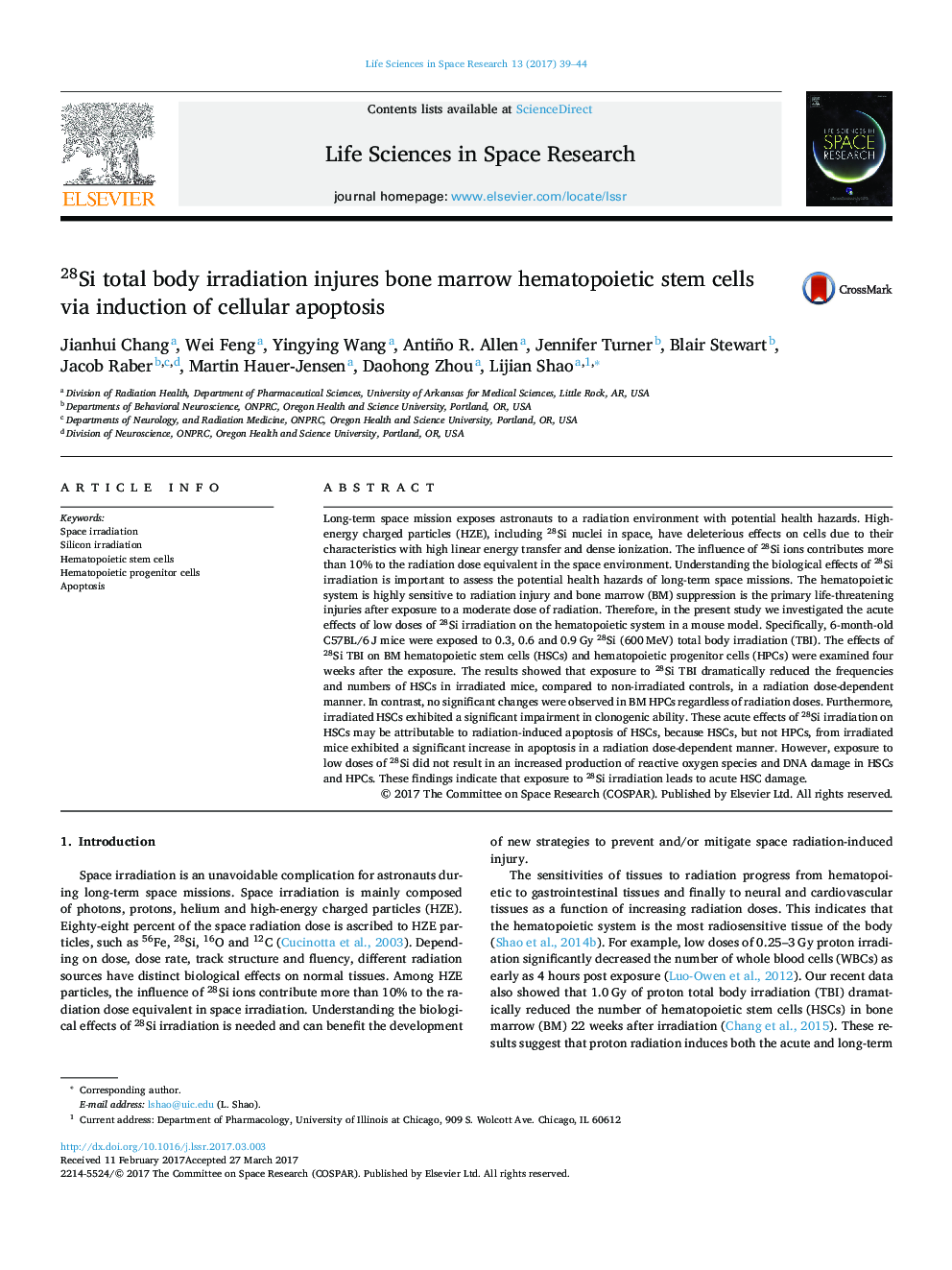 28Si total body irradiation injures bone marrow hematopoietic stem cells via induction of cellular apoptosis