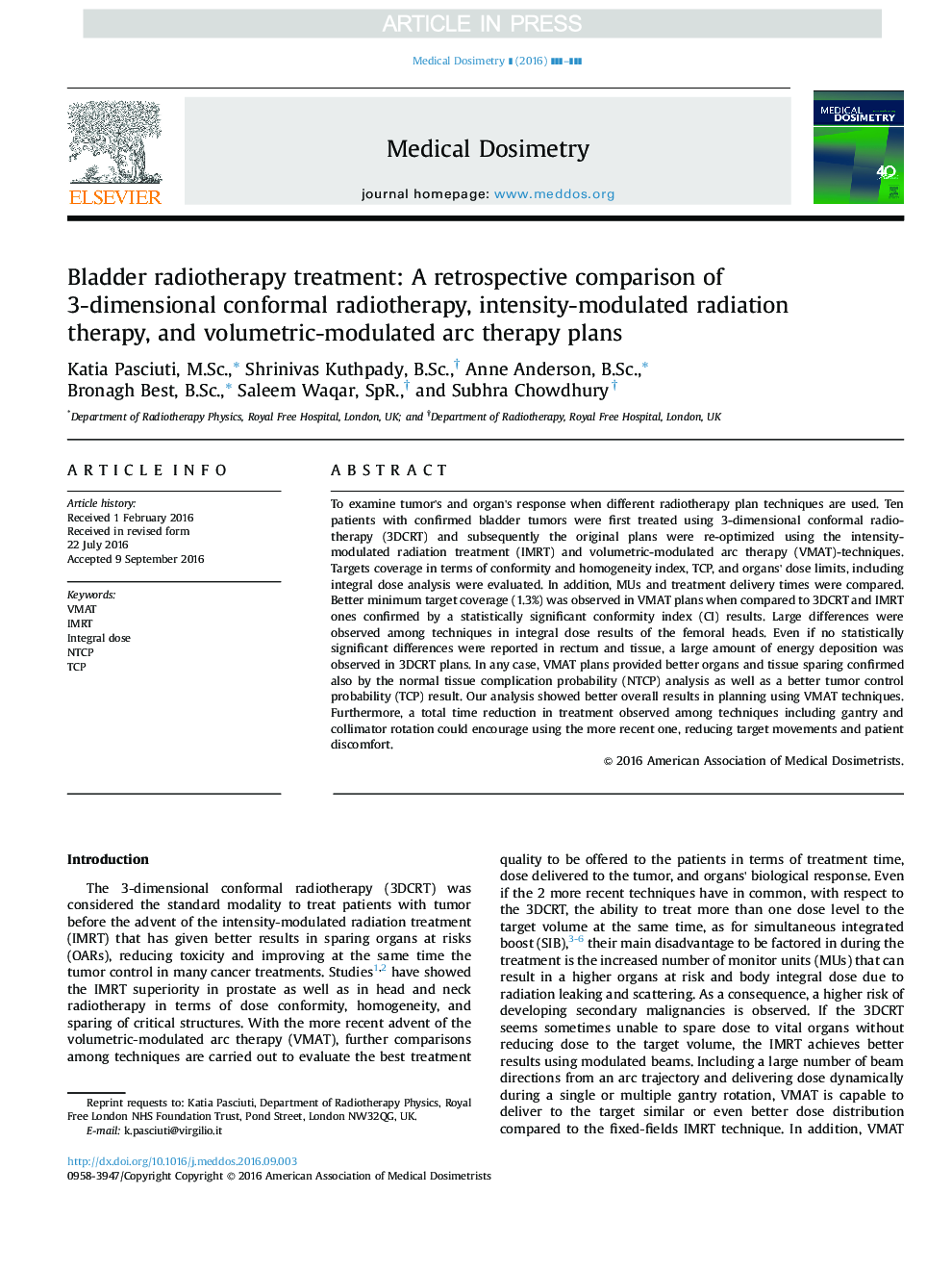 Bladder radiotherapy treatment: A retrospective comparison of 3-dimensional conformal radiotherapy, intensity-modulated radiation therapy, and volumetric-modulated arc therapy plans