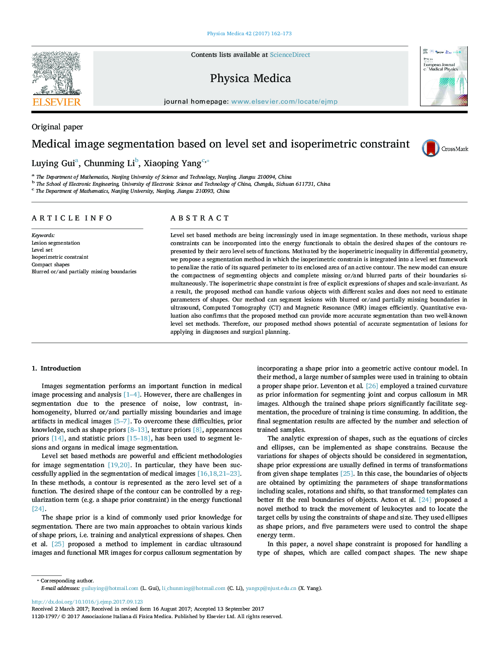 Medical image segmentation based on level set and isoperimetric constraint