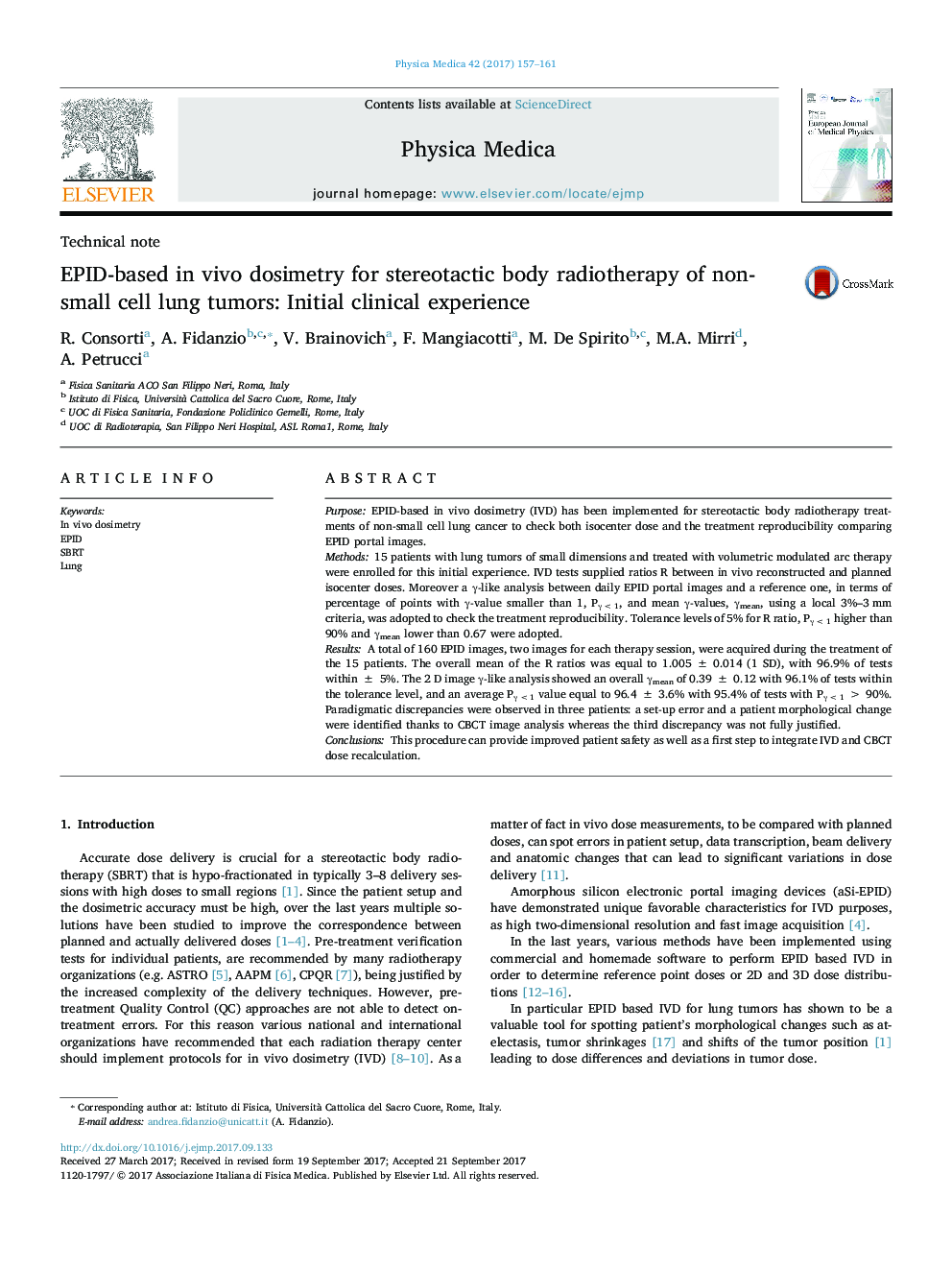 EPID-based in vivo dosimetry for stereotactic body radiotherapy of non-small cell lung tumors: Initial clinical experience