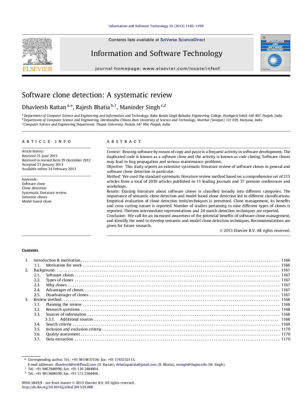 Software clone detection: A systematic review