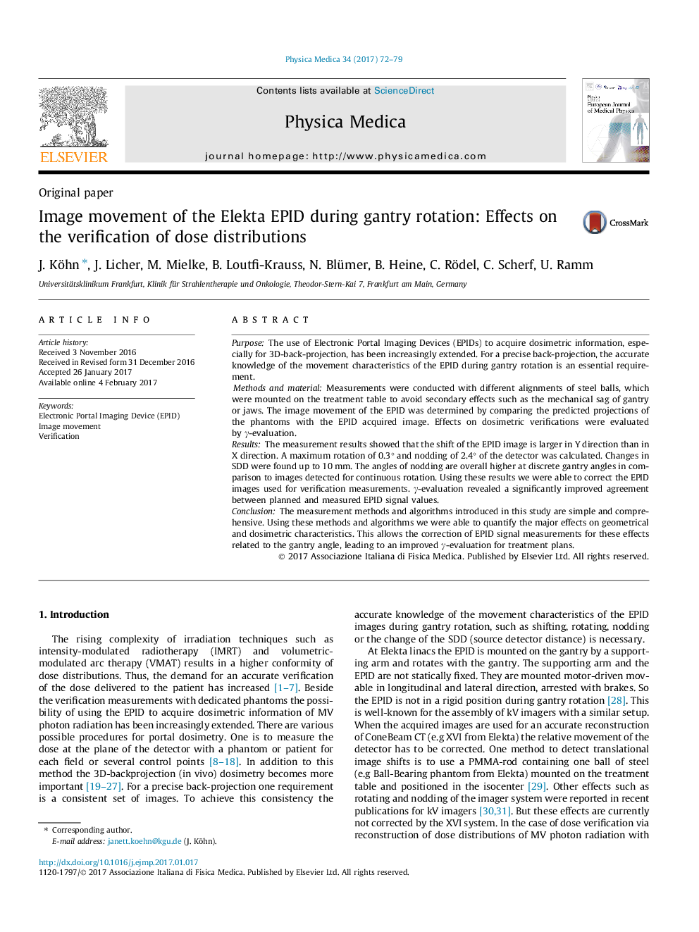 Image movement of the Elekta EPID during gantry rotation: Effects on the verification of dose distributions