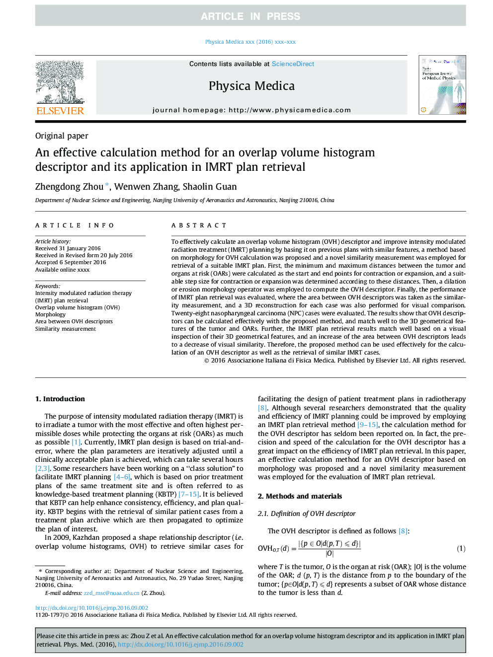 An effective calculation method for an overlap volume histogram descriptor and its application in IMRT plan retrieval