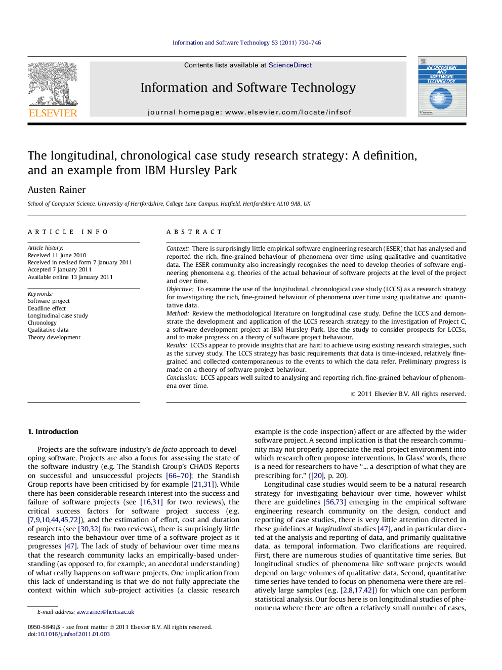 The longitudinal, chronological case study research strategy: A definition, and an example from IBM Hursley Park