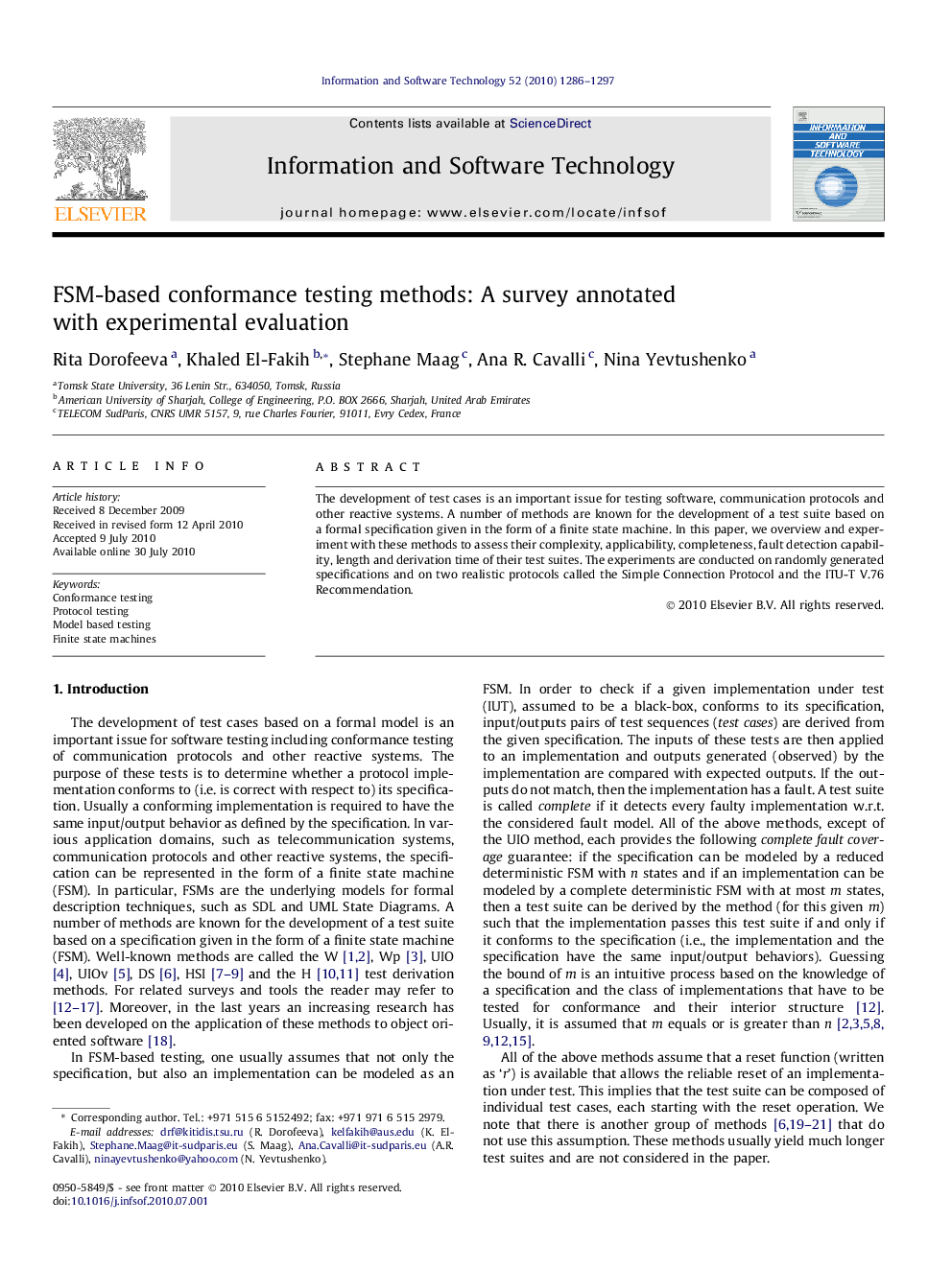 FSM-based conformance testing methods: A survey annotated with experimental evaluation