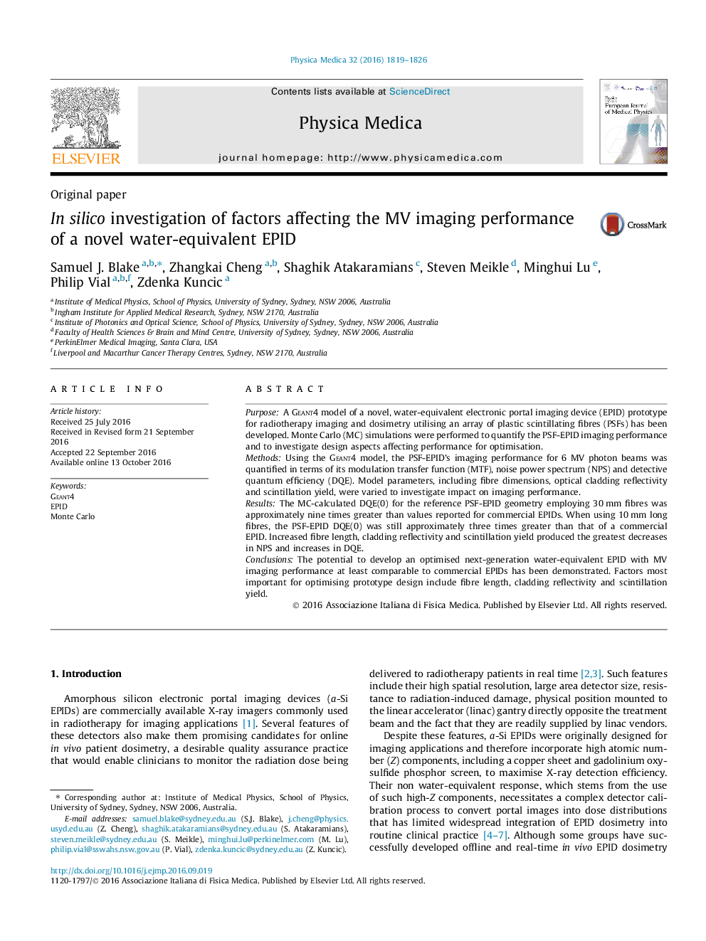 Original paperIn silico investigation of factors affecting the MV imaging performance of a novel water-equivalent EPID