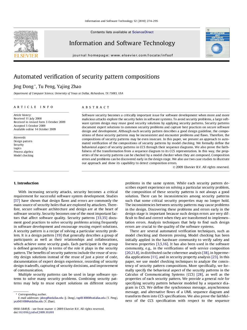 Automated verification of security pattern compositions