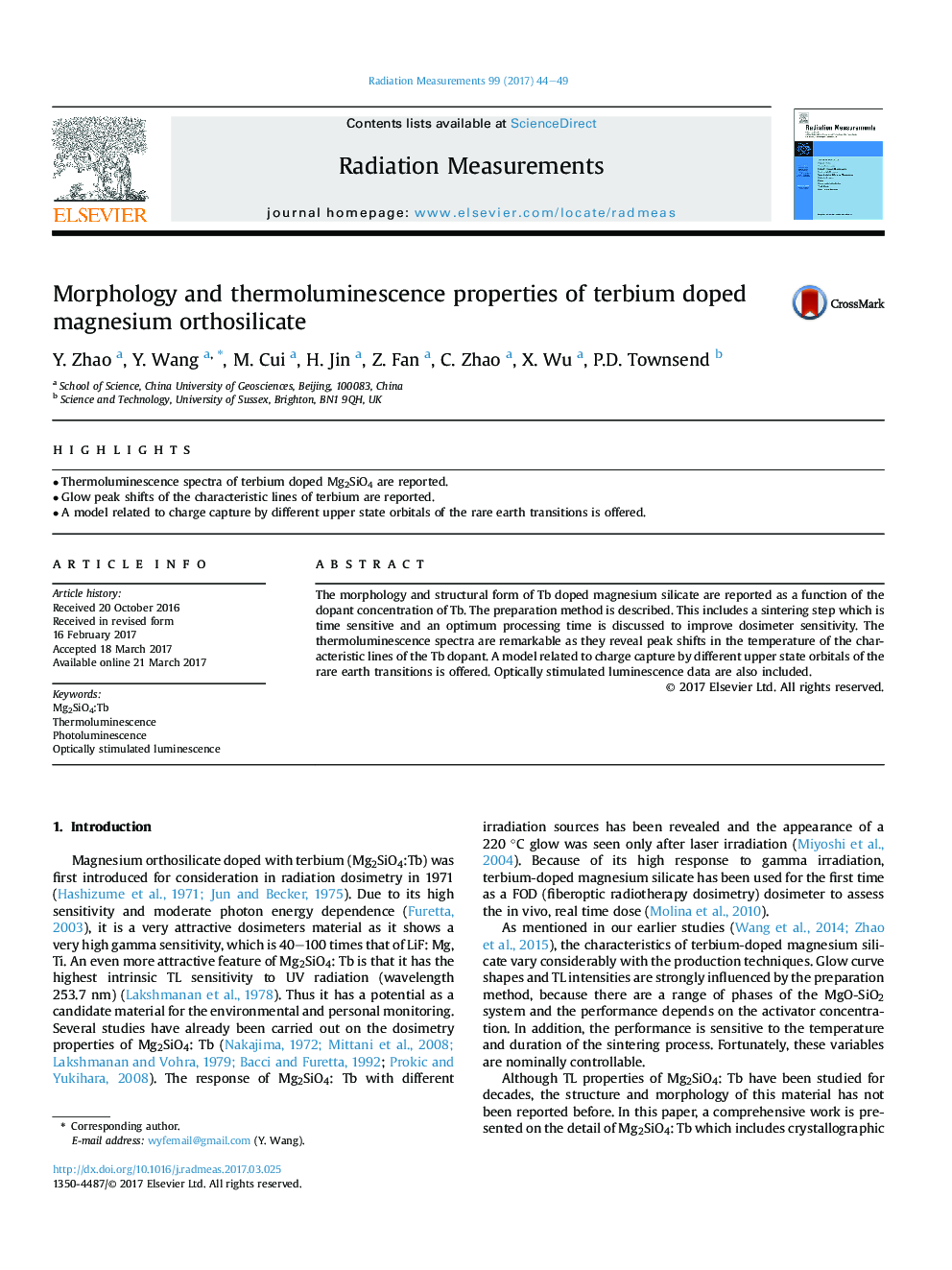 Morphology and thermoluminescence properties of terbium doped magnesium orthosilicate