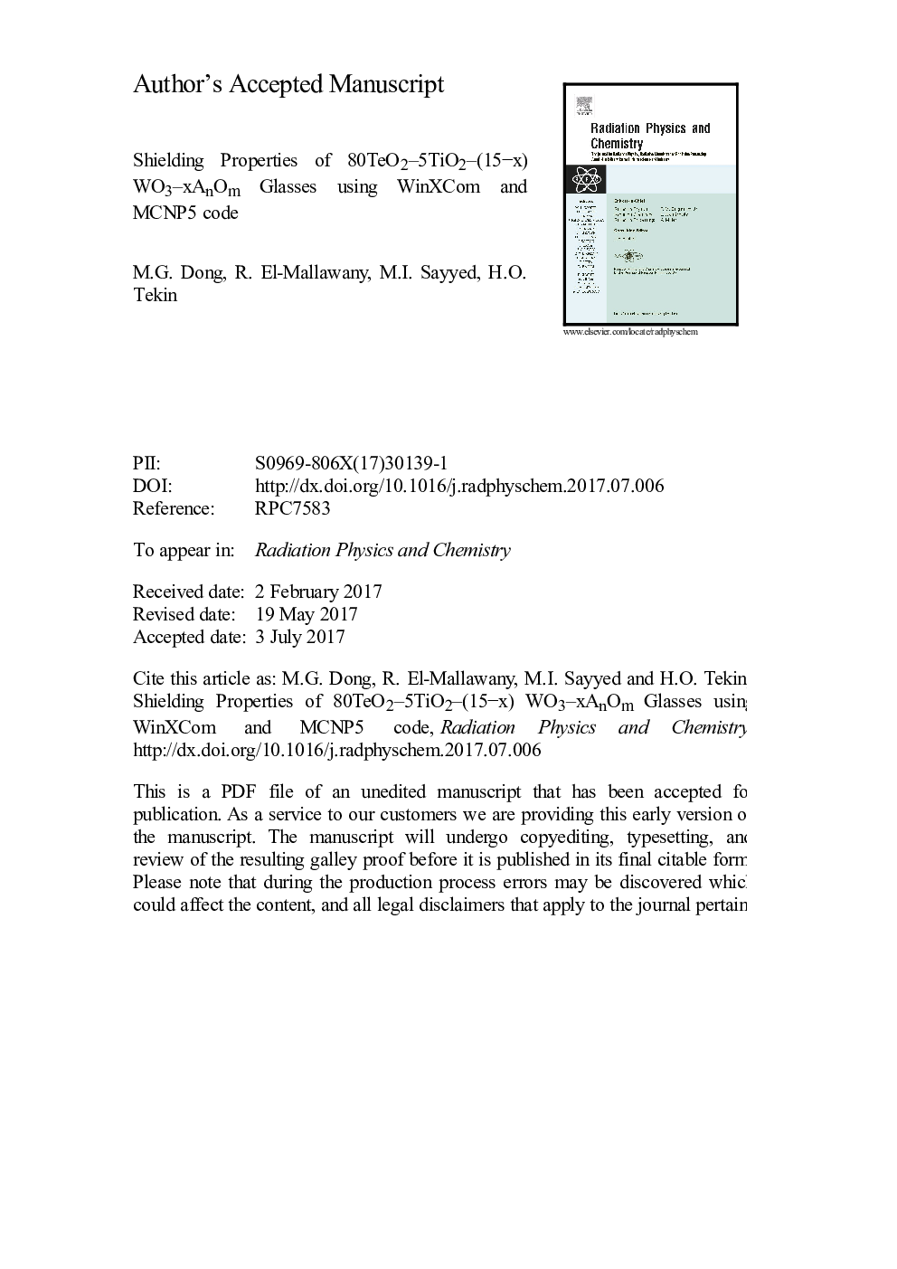 Shielding properties of 80TeO2-5TiO2-(15âx) WO3-xAnOm glasses using WinXCom and MCNP5 code