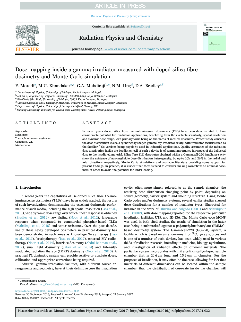 Dose mapping inside a gamma irradiator measured with doped silica fibre dosimetry and Monte Carlo simulation