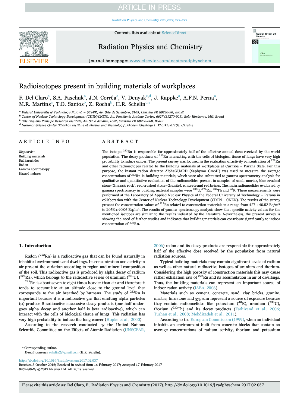 Radioisotopes present in building materials of workplaces