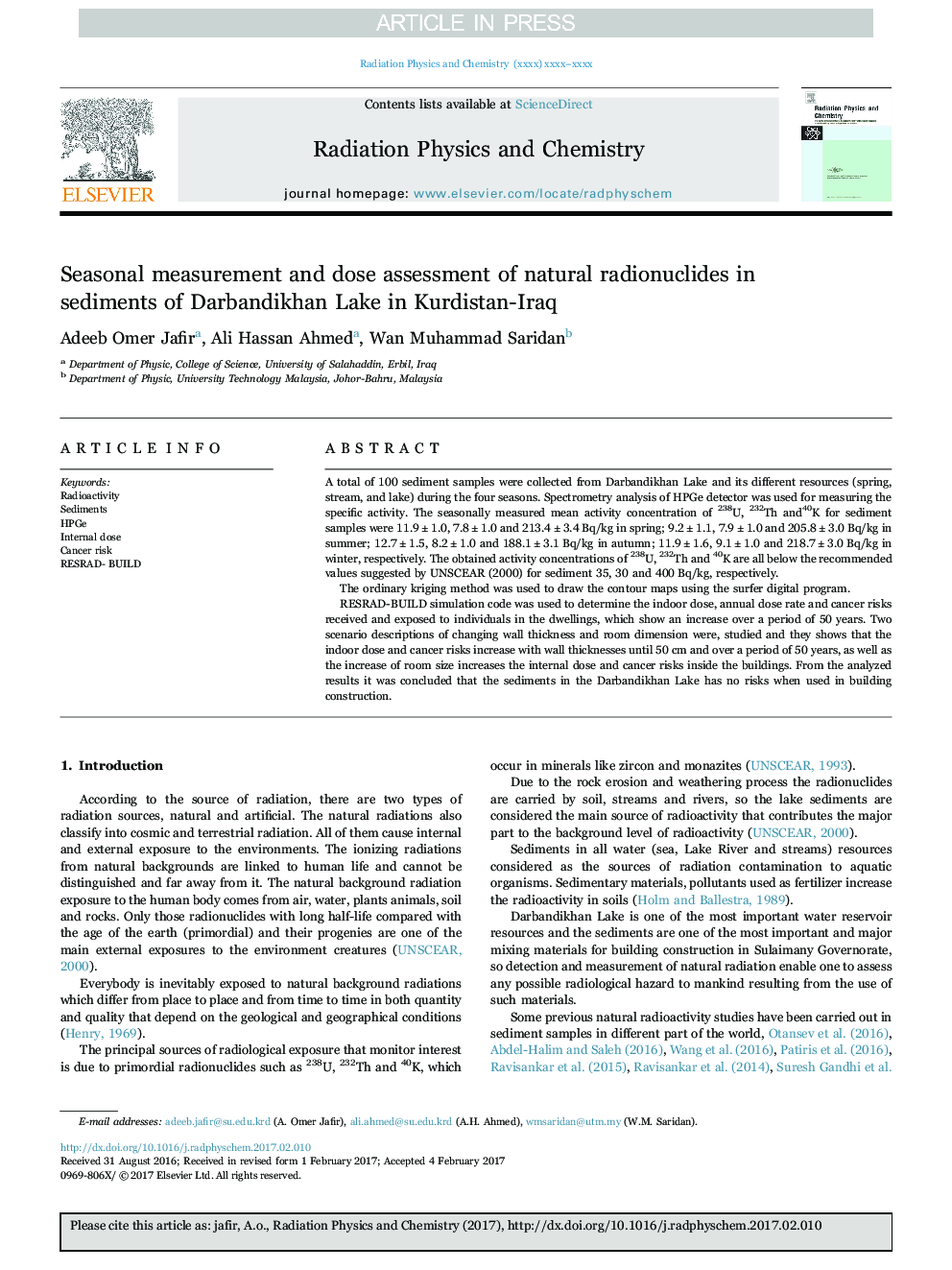 Seasonal measurement and dose assessment of natural radionuclides in sediments of Darbandikhan Lake in Kurdistan-Iraq