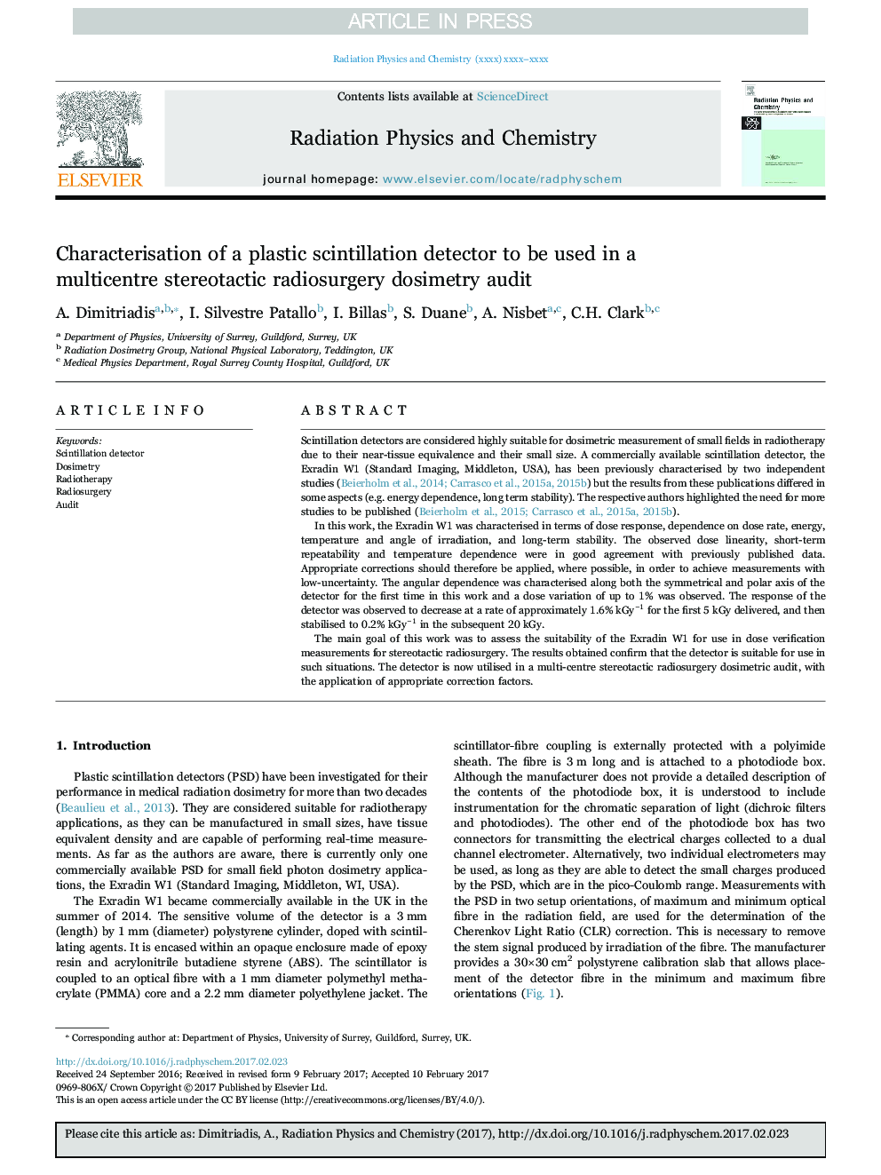 Characterisation of a plastic scintillation detector to be used in a multicentre stereotactic radiosurgery dosimetry audit