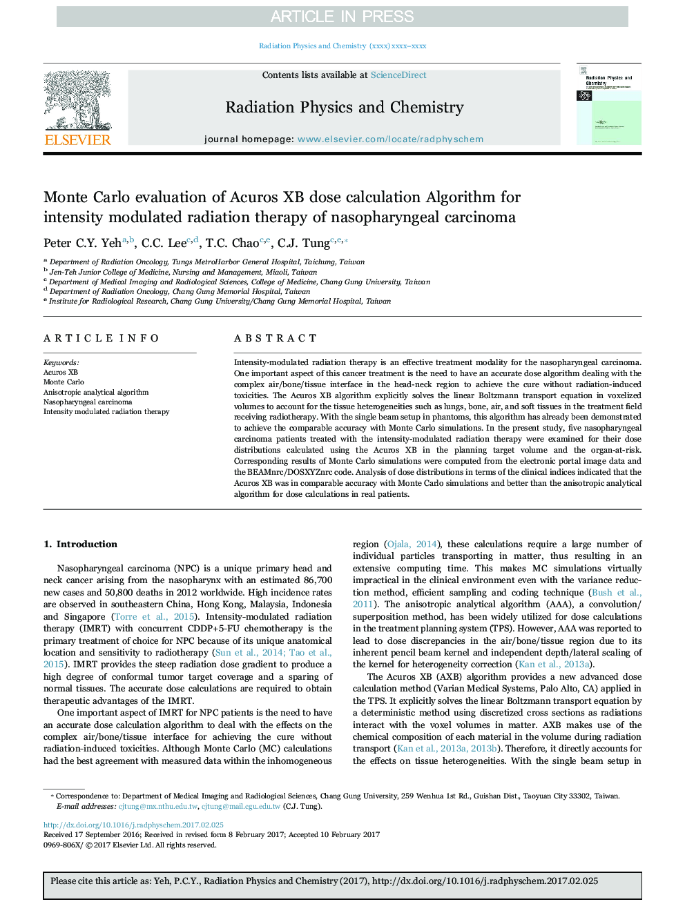 Monte Carlo evaluation of Acuros XB dose calculation Algorithm for intensity modulated radiation therapy of nasopharyngeal carcinoma