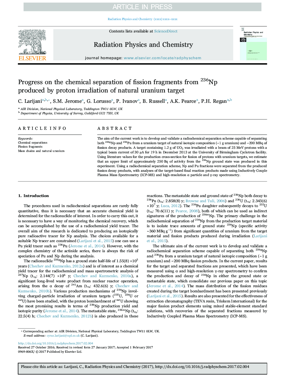 Progress on the chemical separation of fission fragments from 236Np produced by proton irradiation of natural uranium target