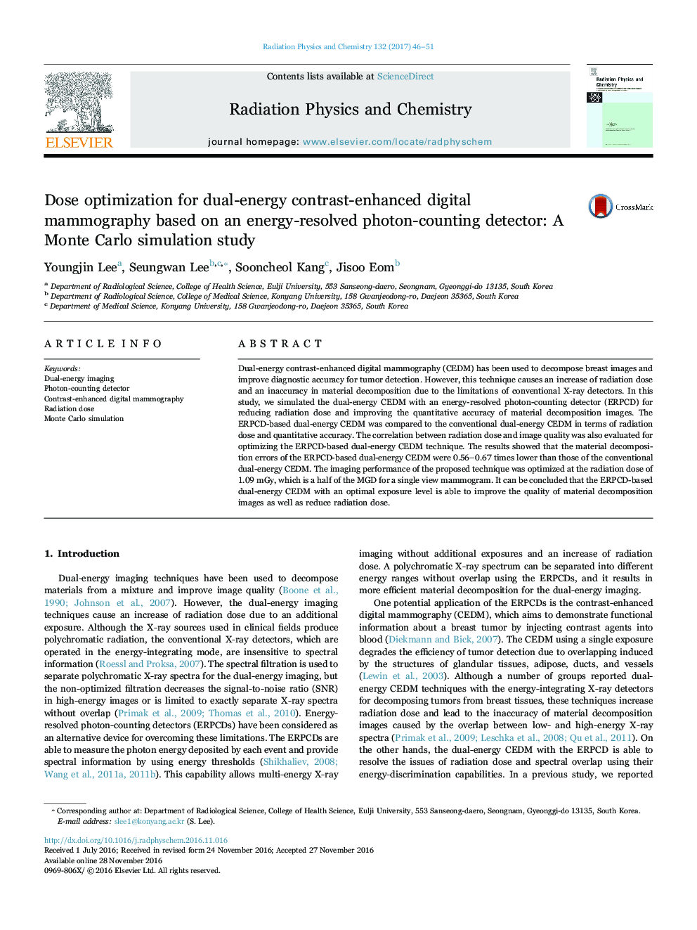 Dose optimization for dual-energy contrast-enhanced digital mammography based on an energy-resolved photon-counting detector: A Monte Carlo simulation study