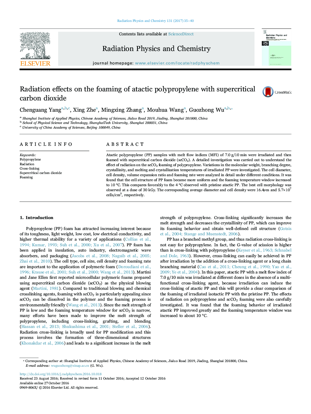 Radiation effects on the foaming of atactic polypropylene with supercritical carbon dioxide