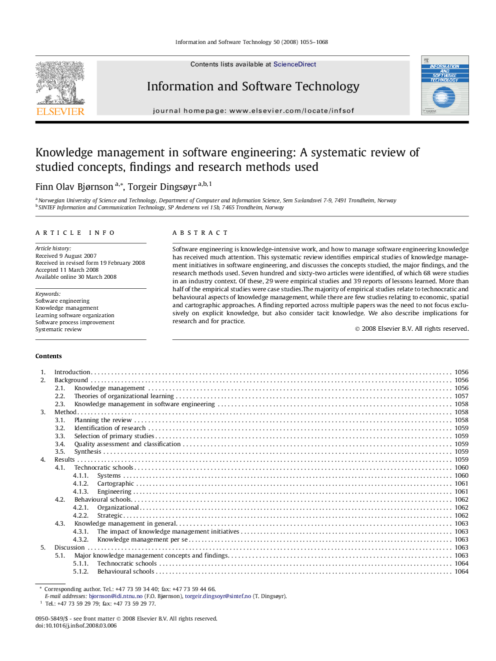 Knowledge management in software engineering: A systematic review of studied concepts, findings and research methods used