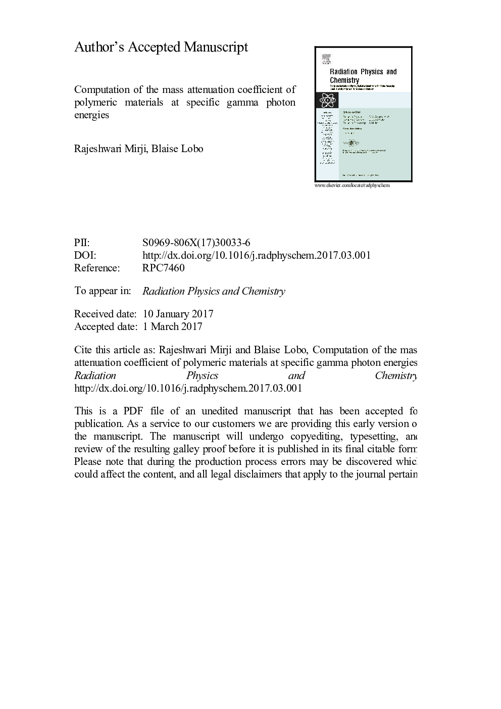 Computation of the mass attenuation coefficient of polymeric materials at specific gamma photon energies