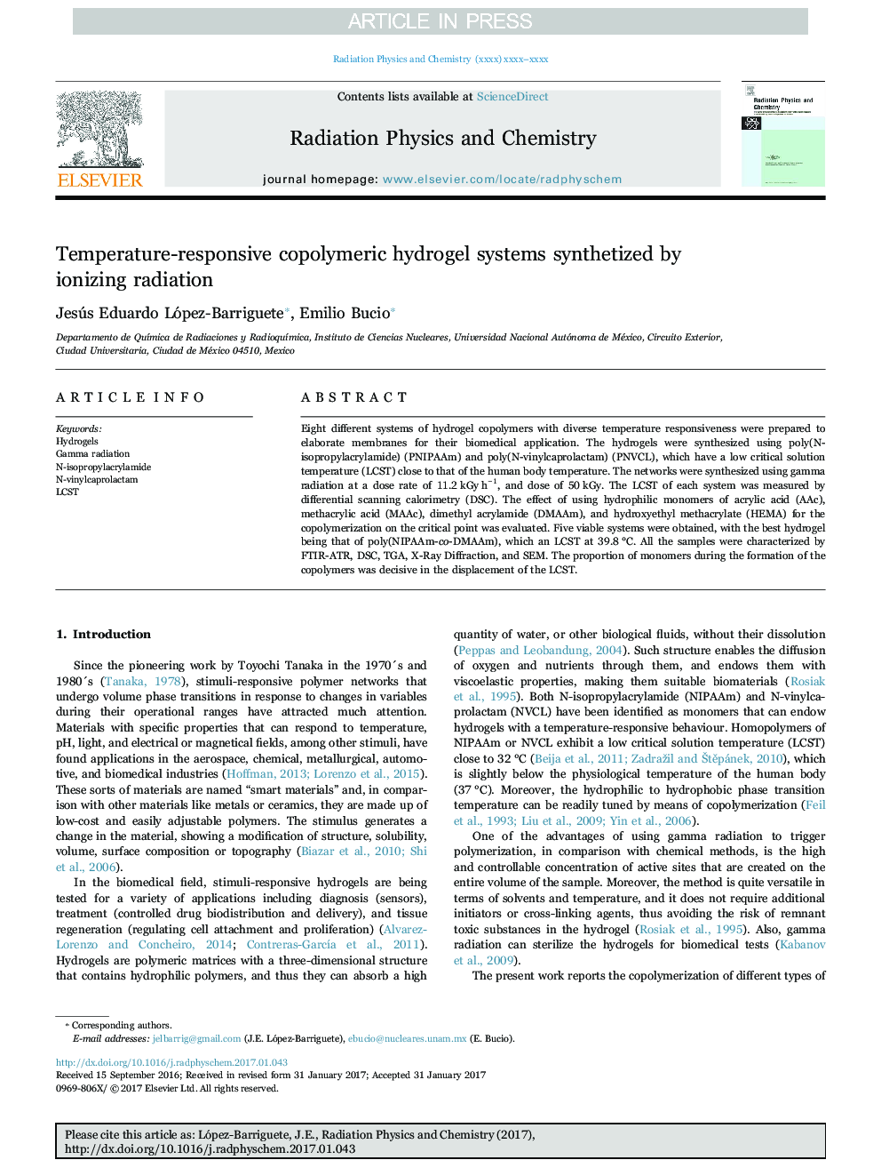 Temperature-responsive copolymeric hydrogel systems synthetized by ionizing radiation