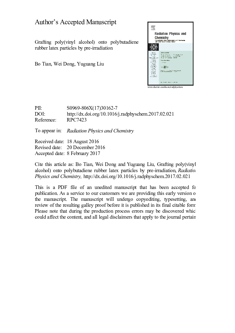 Grafting poly(vinyl alcohol) onto polybutadiene rubber latex particles by pre-irradiation