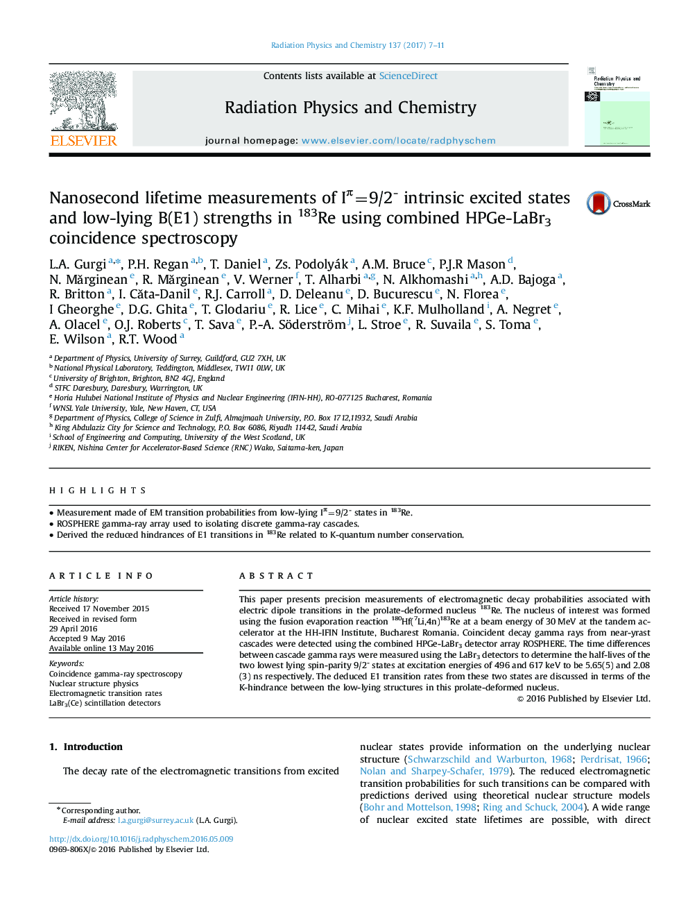 Nanosecond lifetime measurements of IÏ=9/2- intrinsic excited states and low-lying B(E1) strengths in 183Re using combined HPGe-LaBr3 coincidence spectroscopy