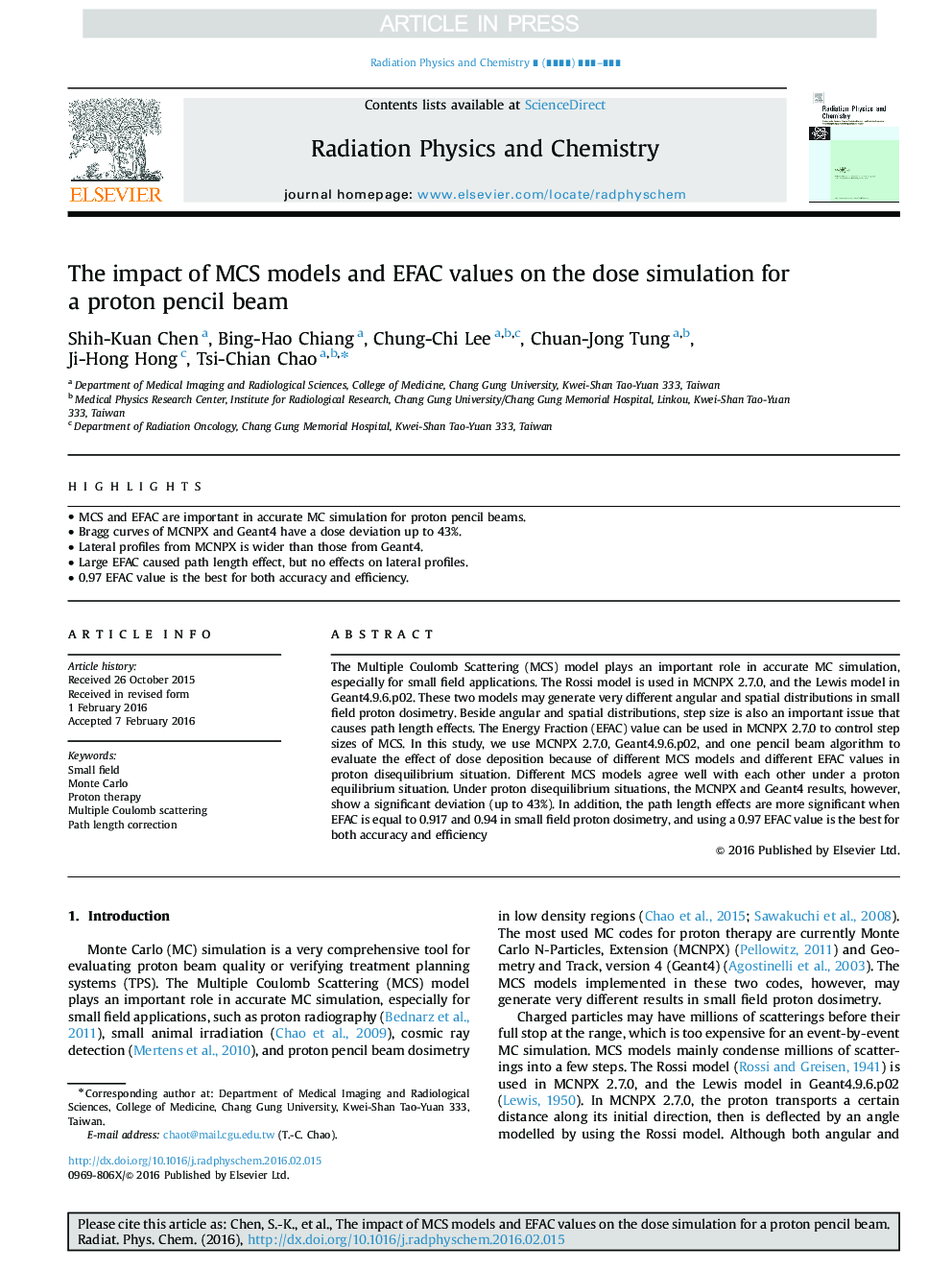 The impact of MCS models and EFAC values on the dose simulation for a proton pencil beam