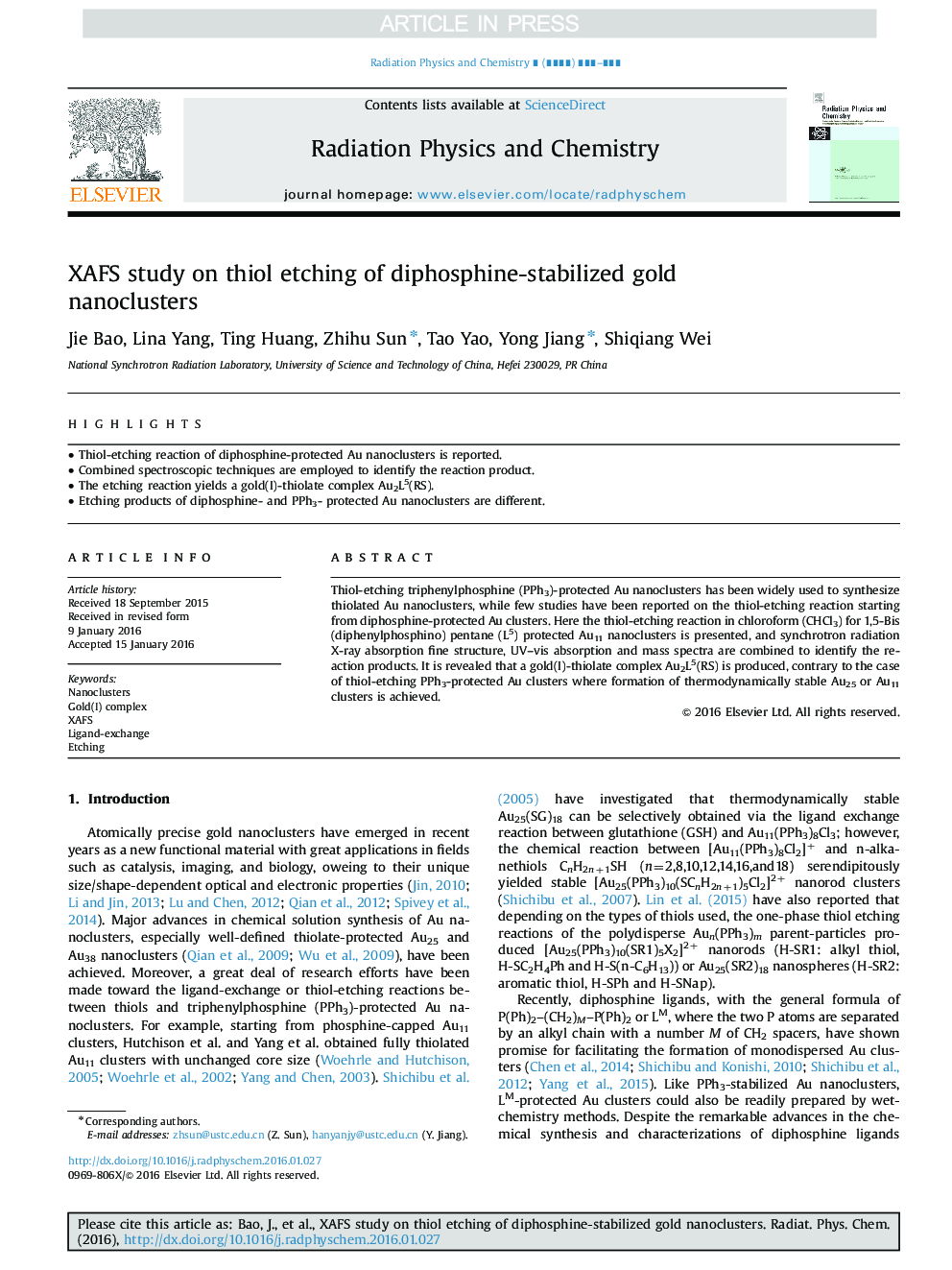 XAFS study on thiol etching of diphosphine-stabilized gold nanoclusters