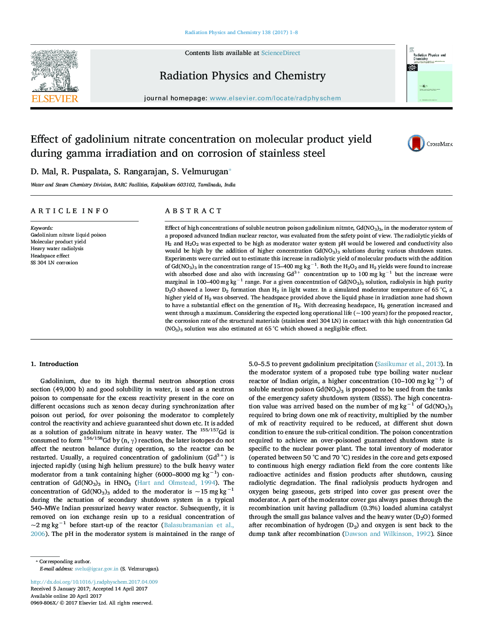 Effect of gadolinium nitrate concentration on molecular product yield during gamma irradiation and on corrosion of stainless steel