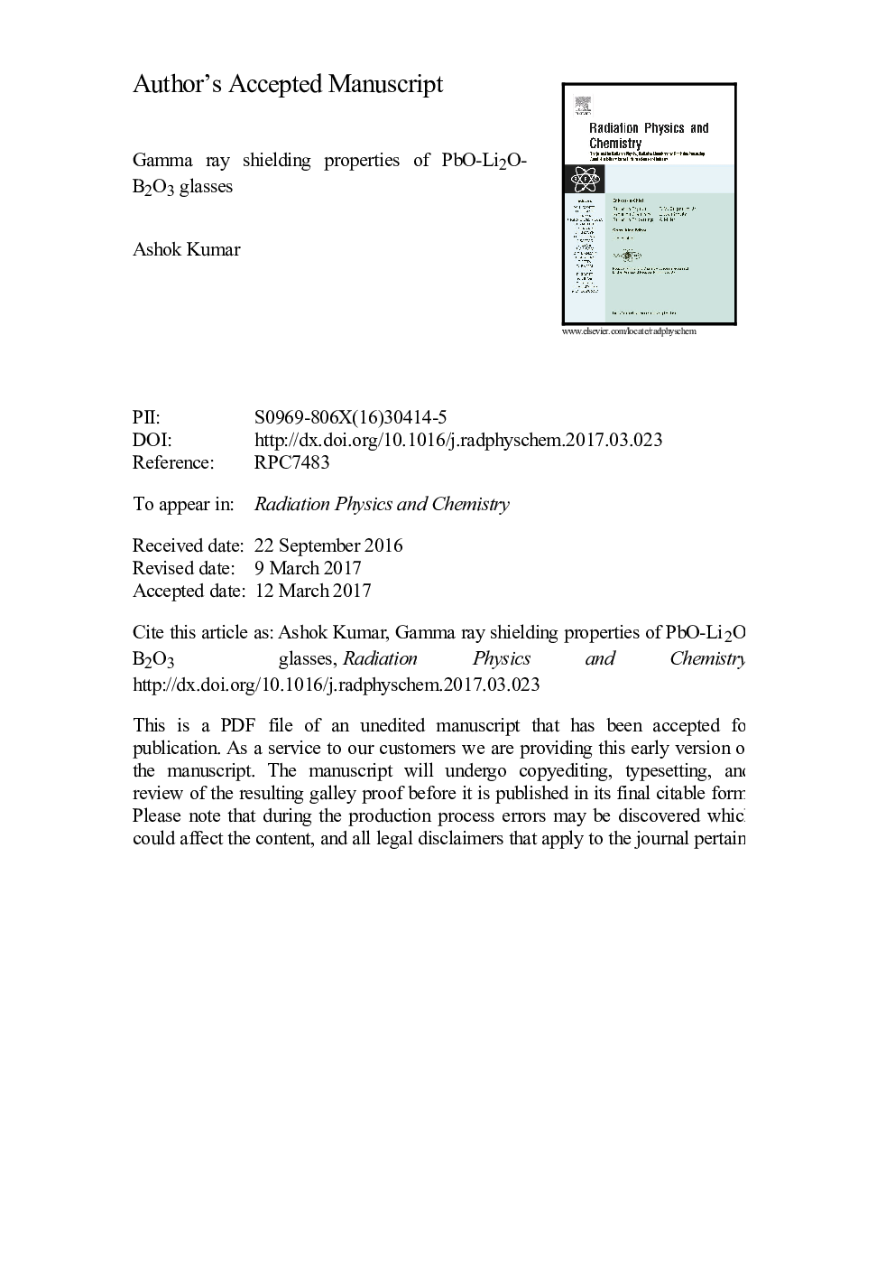 Gamma ray shielding properties of PbO-Li2O-B2O3 glasses