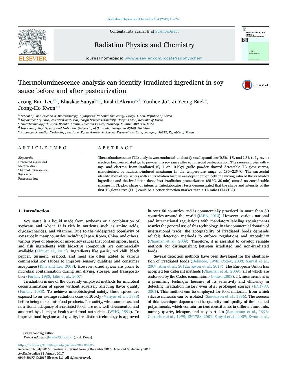 Thermoluminescence analysis can identify irradiated ingredient in soy sauce before and after pasteurization