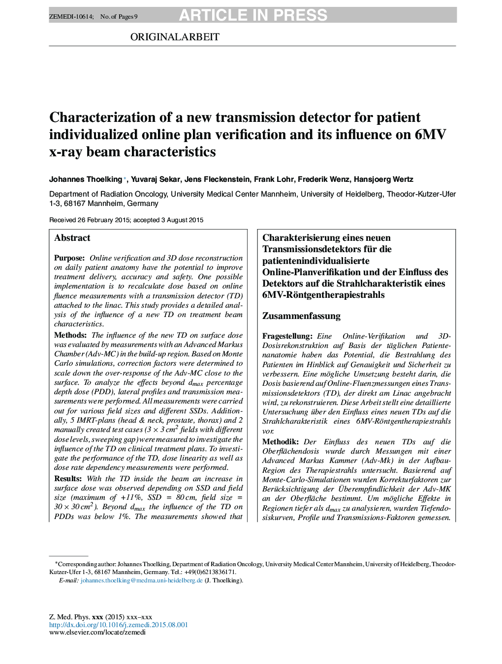 Characterization of a new transmission detector for patient individualized online plan verification and its influence on 6MV X-ray beam characteristics