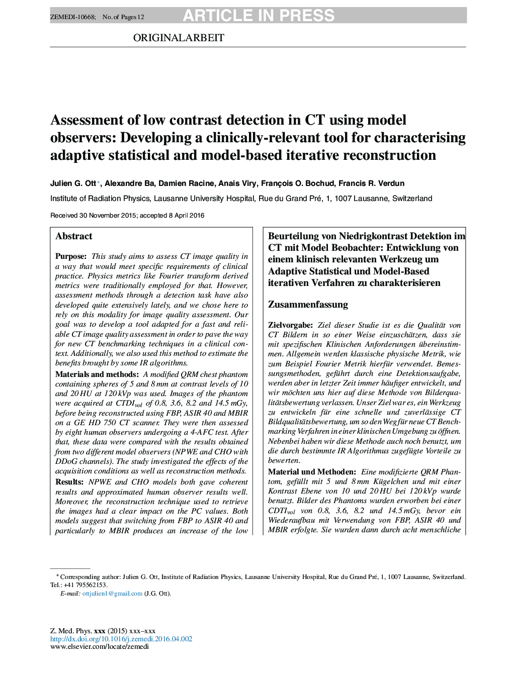 Assessment of low contrast detection in CT using model observers: Developing a clinically-relevant tool for characterising adaptive statistical and model-based iterative reconstruction